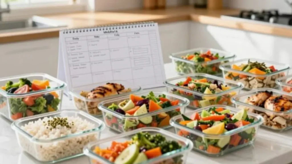 A colorful and diverse meal prep display featuring a variety of nutritious home cooked dishes
