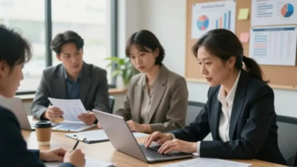 A professional office setting featuring a diverse group of individuals-engaged in discussions