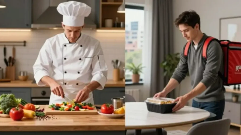 A-vibrant-split-image-composition-contrasting-home-cooking-and-food-delivery.-On-one-side-a.