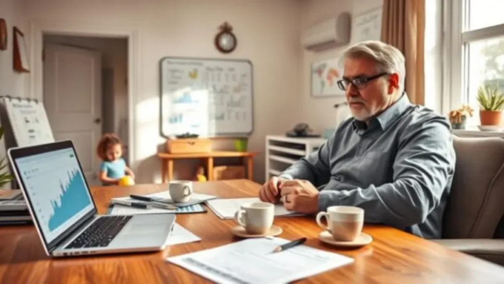 A warm, inviting home office setting focused on family financial management. In the foreground, a middle-aged couple sits at a wooden desk, surrounded by financial documents, a laptop open displaying graphs, and coffee cups. They are dressed in smart casual attire, exuding a sense of collaboration and focus. In the middle ground, a child can be seen playing quietly with toys, emphasizing a family-oriented atmosphere. The background features a whiteboard filled with financial notes and a wall clock, indicating the importance of regularity in reviews. Soft, natural light streams through a nearby window, creating a calm and productive mood. The angle captures the couple's engaged expressions, showcasing a serious approach to managing family finances. A-warm-inviting-home-office-setting-focused-on-family-financial-management.-In-the-foreground.