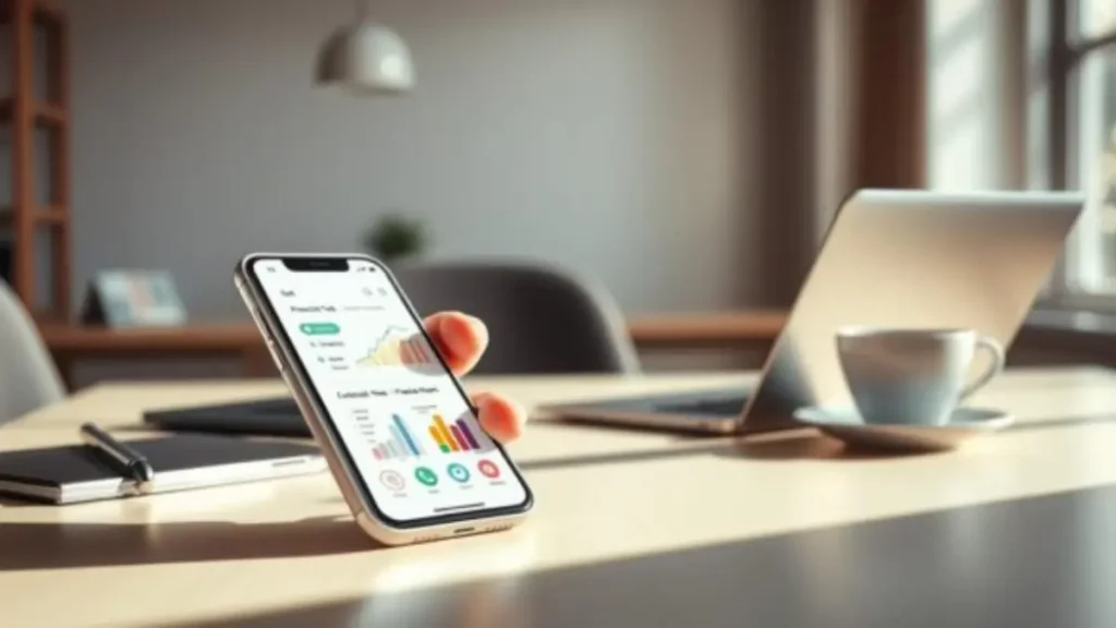 A sleek, modern smartphone displaying a financial app interface on its screen, showcasing user-friendly features such as budgeting tools, charts, and colorful graphs. The foreground features the smartphone in a close-up view, with a gentle hand interacting with the touch screen. In the middle ground, a stylish office desk with a laptop, notepad, and a coffee cup enhances the professional atmosphere. In the background, a softly lit, contemporary workspace evokes a sense of productivity and modernity. The lighting is bright and welcoming, casting minimal shadows, and the angle is slightly tilted for a dynamic feel. The overall mood is focused and efficient, illustrating the usability and accessibility of financial management apps. Um-smartphone-moderno-e-elegante-exibindo-a-interface-de-um-aplicativo-financeiro-em-sua-tela.