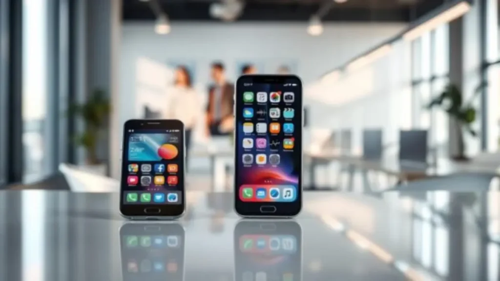 A vibrant split-screen image depicting the compatibility of Android and iPhone devices. In the foreground, a sleek Android smartphone and an elegant iPhone are positioned side by side on a modern desk, showcasing their screens with colorful app icons representing popular management apps like Organizze and Mobills. The middle layer includes a subtle reflection of both devices on a polished surface, enhancing the tech-savvy atmosphere. In the background, blurred images of a bright, contemporary office setting create an engaging ambiance, suggesting productivity and organization. Soft, natural lighting falls from a nearby window, casting gentle shadows, while a slight depth of field emphasizes the phones as the focal point. The mood conveys a sense of connectivity and innovative technology, inviting viewers to explore compatibility in a seamless way. Uma-vibrante-imagem-em-tela-dividida-que-ilustra-a-compatibilidade-entre-dispositivos-Android-e-iPhone