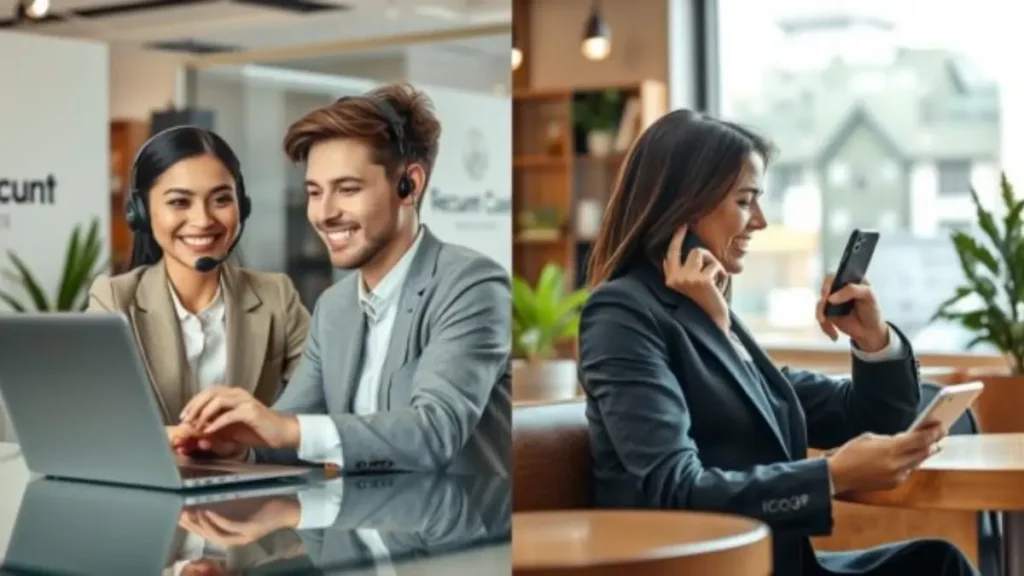 A-split-screen-image-depicting-a-comparison-of-customer-support-in-discount-apps.-On-the-left