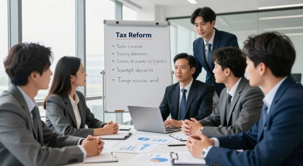 A professional business environment showcasing the impact of tax reforms on exempt securities. The foreground features a diverse group of professionals in business attire engaged in a discussion, with charts and graphs representing financial data on a table among them. In the middle ground, a whiteboard displays bullet points related to the tax reform and its effects on incentive debentures. The background includes a modern office with large windows allowing natural light to spill in, creating a bright, optimistic atmosphere. The angle is slightly elevated, providing a comprehensive view of the dynamic interaction among the participants. The mood is serious yet hopeful, emphasizing collaboration and strategic planning. A professional business environment showcasing the impact of tax reforms on exempt securities. The foreground features a diverse group of professionals in business attire engaged in a discussion, with charts and graphs representing financial data on a table among them. In the middle ground, a whiteboard displays bullet points related to the tax reform and its effects on incentive debentures. The background includes a modern office with large windows allowing natural light to spill in, creating a bright, optimistic atmosphere. The angle is slightly elevated, providing a comprehensive view of the dynamic interaction among the participants. The mood is serious yet hopeful, emphasizing collaboration and strategic planning.