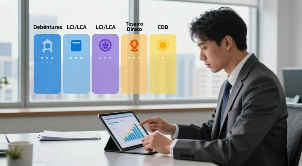 A shiny office setting illuminated by soft natural light filtering through large windows. In the foreground, a professional-looking financial analyst, dressed in a smart business suit, is analyzing charts and graphs displayed on a sleek tablet. The middle section features a visual comparison of various fixed income investment titles, such as Debêntures, LCI/LCA, Tesouro Direto, and CDB, each represented with distinct icons and vibrant colors for clarity. The background includes a blurred view of city skyscrapers, symbolizing economic growth and stability. The overall mood is focused and analytical, creating an atmosphere of informed decision-making and financial professionalism. A shiny office setting illuminated by soft natural light filtering through large windows. In the foreground, a professional-looking financial analyst, dressed in a smart business suit, is analyzing charts and graphs displayed on a sleek tablet. The middle section features a visual comparison of various fixed income investment titles, such as Debêntures, LCI/LCA, Tesouro Direto, and CDB, each represented with distinct icons and vibrant colors for clarity. The background includes a blurred view of city skyscrapers, symbolizing economic growth and stability. The overall mood is focused and analytical, creating an atmosphere of informed decision-making and financial professionalism.