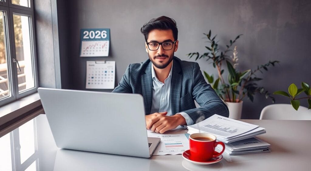 A confident young professional sitting at a sleek, modern desk, reviewing documents related to credit repair, symbolizing the theme of "clearing negative credit." The foreground features a well-organized workspace with a laptop open, displaying graphs and financial data, alongside a steaming cup of coffee. In the middle ground, a wall calendar shows the year 2026, emphasizing future financial planning. The background displays a large window with natural light flooding in, illuminating plants that represent growth and renewal. The mood is optimistic and professional, highlighting a sense of empowerment and financial freedom. The angle is slightly above eye-level, creating an engaging viewpoint without any text or clutter.