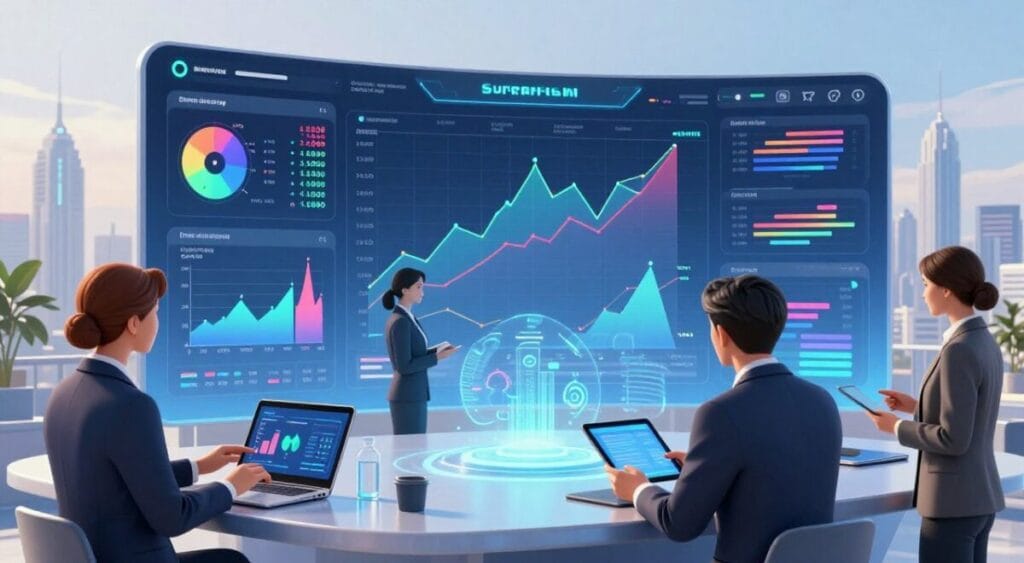 A futuristic investment platform concept illustration, showcasing a sleek, modern digital interface with various analytical tools and graphs in vibrant colors. In the foreground, professional business people in smart attire are engaged in discussion, examining data on tablets and holographic displays. The middle ground features an advanced trading dashboard with real-time market updates and interactive simulations of investment strategies. In the background, a panoramic view of a bright, technologically-driven city skyline, symbolizing progress and innovation in finance. The atmosphere is optimistic and forward-thinking, with soft, ambient lighting that highlights the cutting-edge technology. Camera angle is slightly elevated, providing depth and perspective, emphasizing the collaborative nature of future investments. Toro ou NuInvest