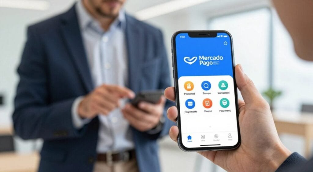 A modern and sleek depiction of the Mercado Pago payment solutions. In the foreground, feature a smartphone displaying the Mercado Pago app interface, with colorful icons representing various payment options. In the middle ground, include a business professional dressed in smart casual attire, engaging with the app, highlighting a focus on ease of use. The background should depict a bright, contemporary office environment with soft lighting, reflecting a productive atmosphere. Use a shallow depth of field to emphasize the smartphone and the user, creating a seamless blend of technology and commerce. The overall mood should be vibrant and dynamic, symbolizing innovation in payment solutions. A modern and sleek depiction of the Mercado Pago payment solutions. In the foreground, feature a smartphone displaying the Mercado Pago app interface, with colorful icons representing various payment options. In the middle ground, include a business professional dressed in smart casual attire, engaging with the app, highlighting a focus on ease of use. The background should depict a bright, contemporary office environment with soft lighting, reflecting a productive atmosphere. Use a shallow depth of field to emphasize the smartphone and the user, creating a seamless blend of technology and commerce. The overall mood should be vibrant and dynamic, symbolizing innovation in payment solutions.
