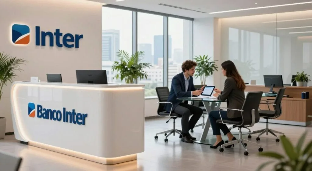 A modern, digital banking office scene showcasing Banco Inter's branding. In the foreground, a sleek, futuristic reception desk adorned with the Banco Inter logo, featuring warm LED lighting that adds a welcoming glow. In the middle, two professionals, a man and a woman, dressed in smart business attire, engaged in a discussion while reviewing documents on a tablet. They are seated around a glass conference table, surrounded by contemporary furniture and greenery. The background reveals a large window with a city skyline view, allowing natural light to flood the space, creating an optimistic and productive atmosphere. The overall composition conveys a sense of innovation, professionalism, and accessibility, reflecting Banco Inter's advantages in the digital banking landscape.