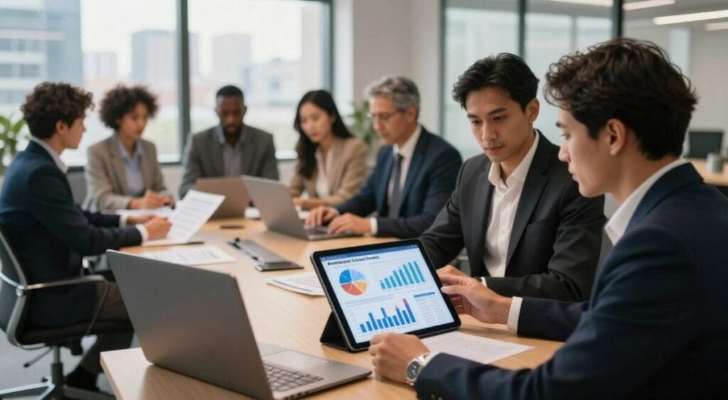 A modern financial office environment, showcasing a diverse group of professionals engaged in discussion and analysis. In the foreground, two individuals in professional business attire are examining a large tablet screen displaying charts and graphs related to alternative credit analysis. In the middle ground, a diverse team at a conference table reviews documents, emphasizing collaboration. The background features large windows revealing a cityscape, bathed in warm, natural light that conveys a sense of optimism. Soft, ambient lighting fills the room, enhancing the focus on teamwork and innovative strategies in credit approval. The atmosphere is dynamic and intellectual, capturing the essence of financial institutions that embrace alternative evaluations for clients with low credit scores.