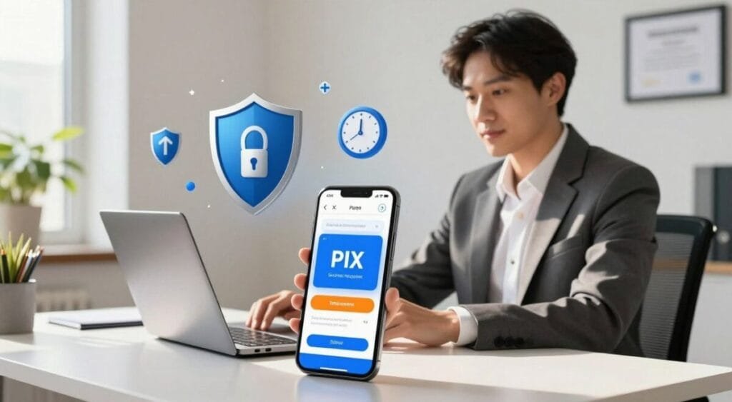 A modern office setting featuring a confident professional in business attire, sitting at a sleek desk with a laptop open to an app interface showing a "PIX" payment confirmation. In the foreground, a smartphone displays a vibrant notification about a secure transaction. The middle ground includes various financial symbols, such as a shield representing security and a clock symbolizing speed, subtly integrated into the design. The background is softly blurred but features elements like a plant and a framed certificate to suggest professionalism. The lighting is bright and warm, casting soft shadows and creating a sense of security and efficiency. The overall atmosphere should convey trust and reliability in digital transactions. A modern office setting featuring a confident professional in business attire, sitting at a sleek desk with a laptop open to an app interface showing a "PIX" payment confirmation. In the foreground, a smartphone displays a vibrant notification about a secure transaction. The middle ground includes various financial symbols, such as a shield representing security and a clock symbolizing speed, subtly integrated into the design. The background is softly blurred but features elements like a plant and a framed certificate to suggest professionalism. The lighting is bright and warm, casting soft shadows and creating a sense of security and efficiency. The overall atmosphere should convey trust and reliability in digital transactions.