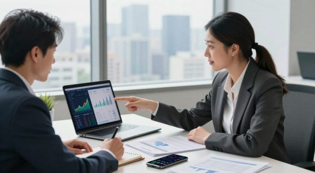 A modern, sleek workspace featuring two professional individuals engaged in a discussion about investment strategies. In the foreground, a smartly dressed woman in business attire points at a laptop screen displaying a graph and investment platform interfaces, while a man in a blazer listens intently, taking notes on a notepad. The middle ground showcases a stylish desk filled with financial reports and a smartphone displaying stock market apps. The background features large windows with a city skyline, implying a sense of progress and opportunity. Soft, natural light floods the room, creating an optimistic and focused atmosphere, with a shallow depth of field that emphasizes the subjects and their discussion on choosing the ideal investment platform. Toro vs NuInvest