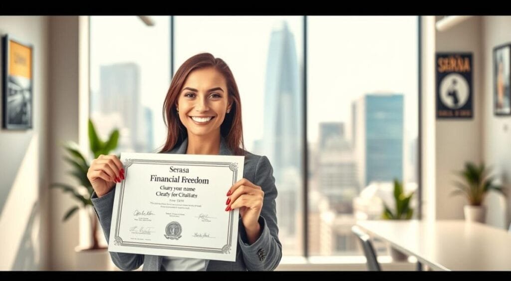 A professional and inspiring image illustrating a successful individual celebrating financial freedom after clearing their name from Serasa. In the foreground, feature a confident businesswoman in professional attire, smiling and holding a certificate that represents her achievement. In the middle, a soft-focus background of a modern office with a view of a city skyline, symbolizing new opportunities. The scene should be brightly lit, using natural light from large windows, creating a warm and optimistic atmosphere. Include subtle details like plants and motivational posters on the walls, emphasizing a positive environment. Capture this moment from a slightly elevated angle for a dynamic perspective, evoking a sense of success and accomplishment.