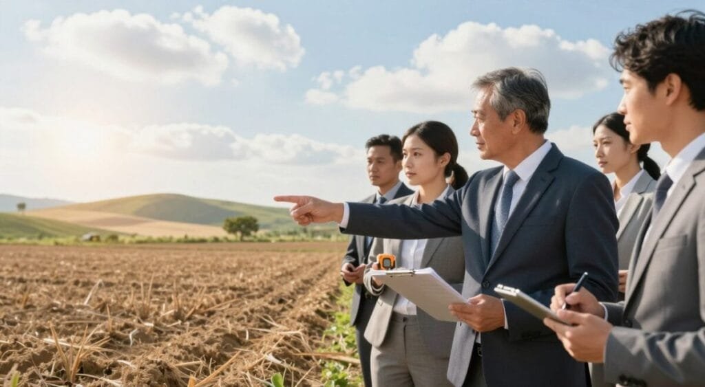A professional and serene outdoor scene showing a diverse group of individuals, dressed in business attire, examining land for investment. In the foreground, a middle-aged man pointing at a plot of land, holding a clipboard with notes. Beside him, a woman taking measurements with a digital tape measure, while another person records observations on a tablet. The middle section features an expansive view of fertile land, with gentle hills and a few trees dotting the landscape, symbolizing rich potential for future development. In the background, a bright blue sky with soft, fluffy clouds and the warm glow of sunlight creating a hopeful atmosphere. The setting conveys a mood of opportunity and professionalism, ideal for evaluating land investments. A professional and serene outdoor scene showing a diverse group of individuals, dressed in business attire, examining land for investment. In the foreground, a middle-aged man pointing at a plot of land, holding a clipboard with notes. Beside him, a woman taking measurements with a digital tape measure, while another person records observations on a tablet. The middle section features an expansive view of fertile land, with gentle hills and a few trees dotting the landscape, symbolizing rich potential for future development. In the background, a bright blue sky with soft, fluffy clouds and the warm glow of sunlight creating a hopeful atmosphere. The setting conveys a mood of opportunity and professionalism, ideal for evaluating land investments.