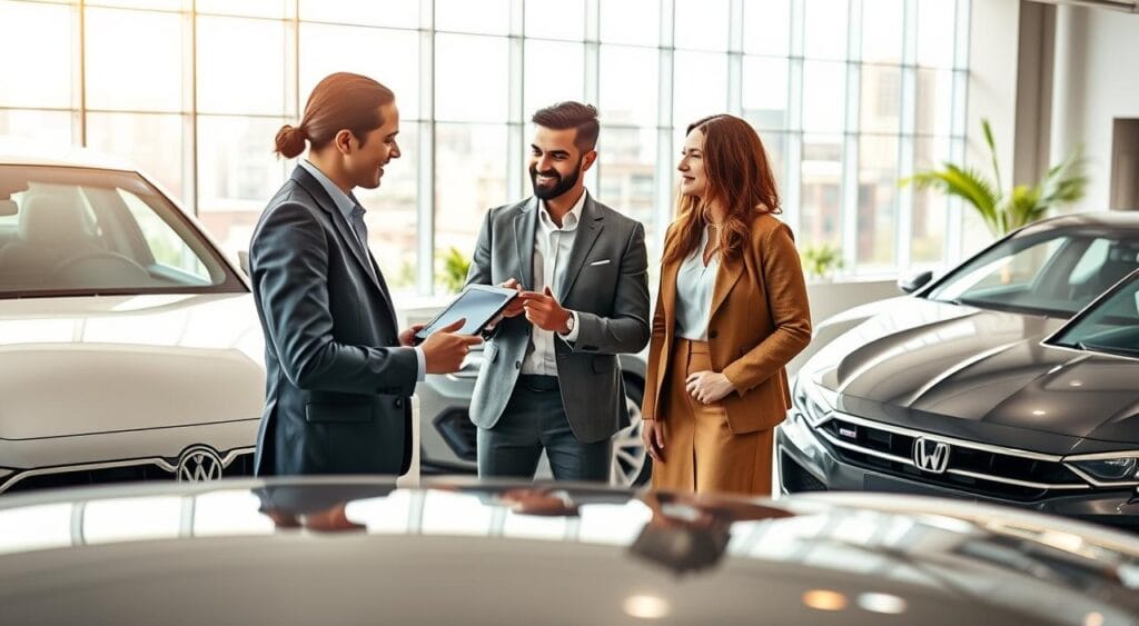 A professional car rental experience scene, depicting a stylish and modern car rental office. In the foreground, a friendly agent in business attire is assisting a diverse couple, pointing at a digital tablet displaying rental options. The couple, dressed in smart casual clothing, appears engaged and interested. In the middle ground, sleek cars of various models are prominently displayed, symbolizing choice and availability. The background features a large window with a view of a bustling city, flooded with natural light, creating an inviting atmosphere. The interior is bright and airy, with vibrant greenery adding a touch of freshness. The overall mood conveys professionalism, convenience, and customer satisfaction, representing the customer experience in car rental services. Alugar Carro por Assinatura ou Comprar