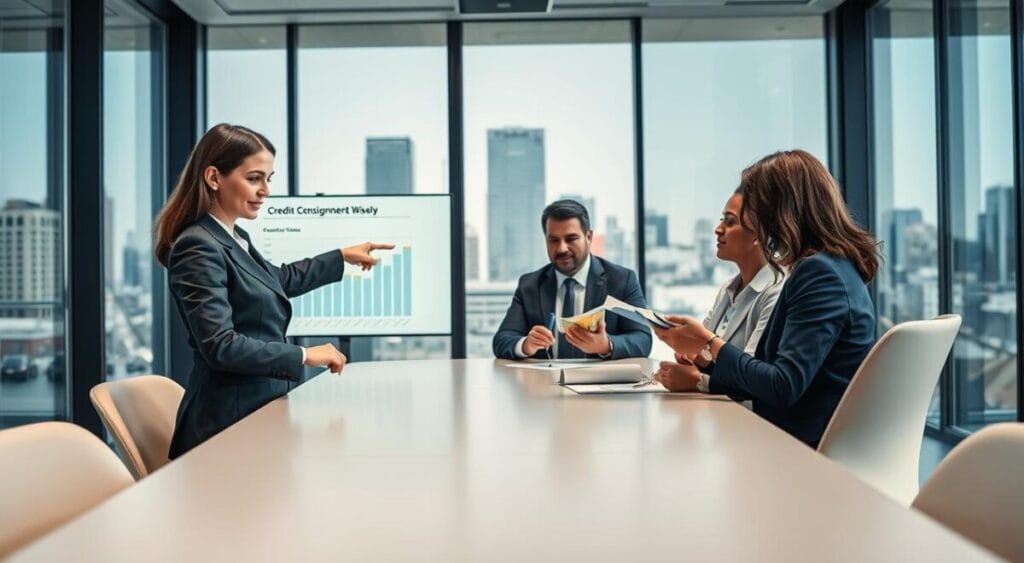 A professional, modern office setting with a diverse group of individuals seated around a sleek conference table. In the foreground, a confident woman in a smart business suit points to a graph on a digital screen that highlights the benefits of using credit consignment wisely. In the middle ground, a man in business casual attire takes notes, while a woman thoughtfully examines a financial brochure. The background features large windows with cityscape views, letting in natural light that creates a bright and optimistic atmosphere. The angle captures the collaborative dynamic, emphasizing teamwork and informed decision-making. Steer clear of clutter, ensuring the focus remains on the individuals discussing financial strategies in a professional, safe-for-work environment. Crédito Consignado
