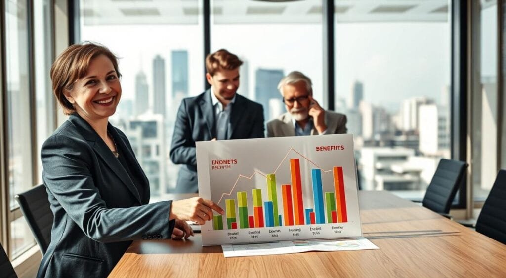 A professional office setting with a diverse group of three individuals discussing financial growth strategies around a large, modern conference table. The foreground features a smiling middle-aged woman in business attire, pointing at a colorful chart showing rising scores and benefits. In the middle, a young man in smart casual clothing takes notes, while an older man adjusts his glasses, thoughtfully observing the chart. The background displays a large window with a city skyline view, allowing natural light to flood the room, creating a bright and optimistic atmosphere. The mood is collaborative and encouraging, emphasizing teamwork and success. The image should be captured with a soft focus lens to enhance warmth and clarity.