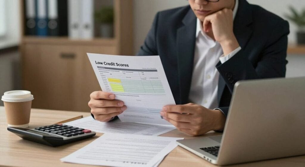 A professional setting showcasing an individual sitting at a desk, surrounded by paperwork and a laptop, clearly illustrating the theme of low credit scores. The person, dressed in business attire, looks contemplative while examining a credit report with highlighted low scores. In the foreground, there are financial documents scattered around, suggesting a cautious assessment of credit options. The middle ground features a calculator and a coffee cup, symbolizing a serious workspace atmosphere. The background shows a soft-focus office environment with neutral tones, creating a somber mood that reflects the risks of seeking credit under such conditions. The lighting is warm but subdued, adding to the contemplative vibe, with a slight tilt angle to the composition to enhance depth.