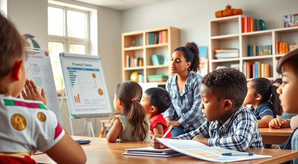 A serene and inviting classroom setting, in focus is a diverse group of children aged 6 to 10, engaged in a fun, interactive financial education workshop. In the foreground, a young girl of Hispanic descent is excitedly raising her hand while another boy of African descent sits next to her, concentrating on a colorful educational poster about saving and budgeting. The middle ground features a friendly, well-dressed instructor, a Caucasian woman, using a whiteboard to explain concepts, with visual aids depicting coins and charts. The background shows a bright, well-lit room filled with bookshelves and educational materials, soft natural light streaming through large windows. The mood is cheerful, inspiring curiosity about financial planning for education, with a sense of teamwork and engagement. Previdência para Filhos
