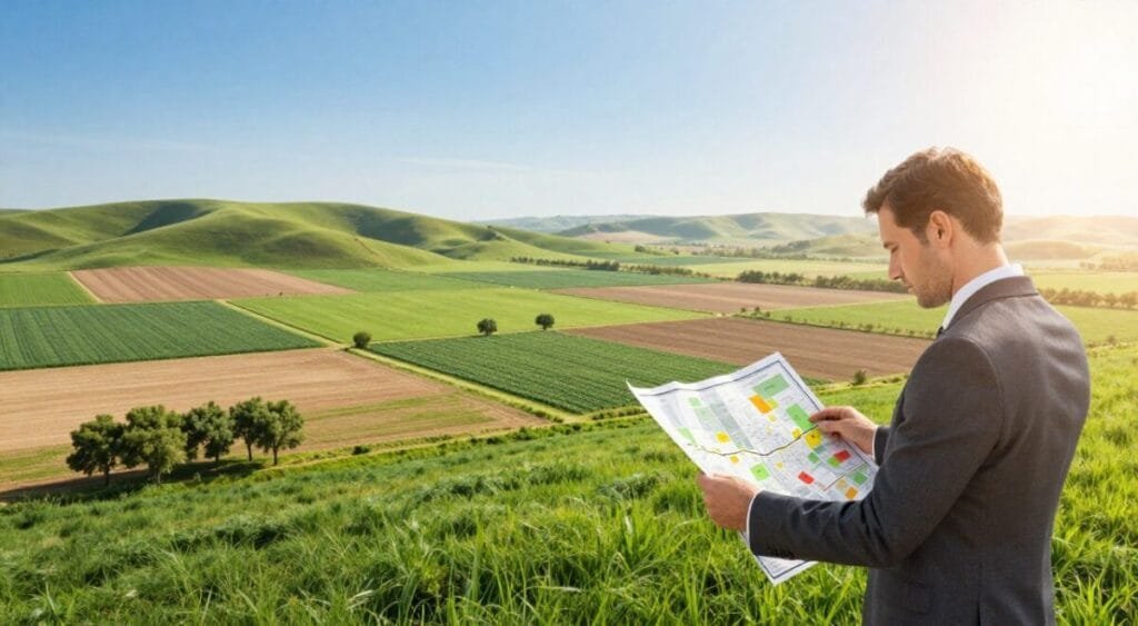 A serene landscape depicting a lush, green field divided into various plots of land, showcasing potential investment opportunities. In the foreground, a well-dressed business professional, a middle-aged man in a suit, analyzes a map with various land parcels marked; his expression is thoughtful but alert. In the middle ground, several land plots feature diverse landscapes, such as rolling hills, fertile farmland, and a small grove of trees, symbolizing the variety of investment options. The background reveals a clear blue sky, with the sun casting a warm, inviting light over the scene, creating a hopeful and optimistic atmosphere about future growth. The composition should be framed with a slight aerial perspective, highlighting the expansiveness of the land and potential. A serene landscape depicting a lush, green field divided into various plots of land, showcasing potential investment opportunities. In the foreground, a well-dressed business professional, a middle-aged man in a suit, analyzes a map with various land parcels marked; his expression is thoughtful but alert. In the middle ground, several land plots feature diverse landscapes, such as rolling hills, fertile farmland, and a small grove of trees, symbolizing the variety of investment options. The background reveals a clear blue sky, with the sun casting a warm, inviting light over the scene, creating a hopeful and optimistic atmosphere about future growth. The composition should be framed with a slight aerial perspective, highlighting the expansiveness of the land and potential.