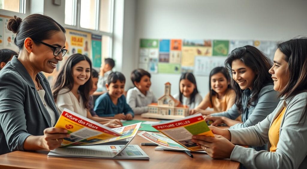 A vibrant and engaging scene depicting a diverse group of parents and children participating in an educational workshop about future savings plans, reflecting the theme of "Futuro dos Filhos." In the foreground, a mother and father are seated at a table, reviewing colorful brochures about previdência and educational funds, dressed in professional attire. In the middle background, a joyful group of children is focused on building a model of a school, showcasing creativity and teamwork. The backdrop features a bright, well-lit classroom with educational posters on the walls, emphasizing a future-oriented environment. Soft, natural lighting filters through large windows, creating a warm and inviting atmosphere. The angle captures the dynamic interactions and expressions of hope and determination for a better future in 2026. Previdência para Filhos ou Fundo de Educação