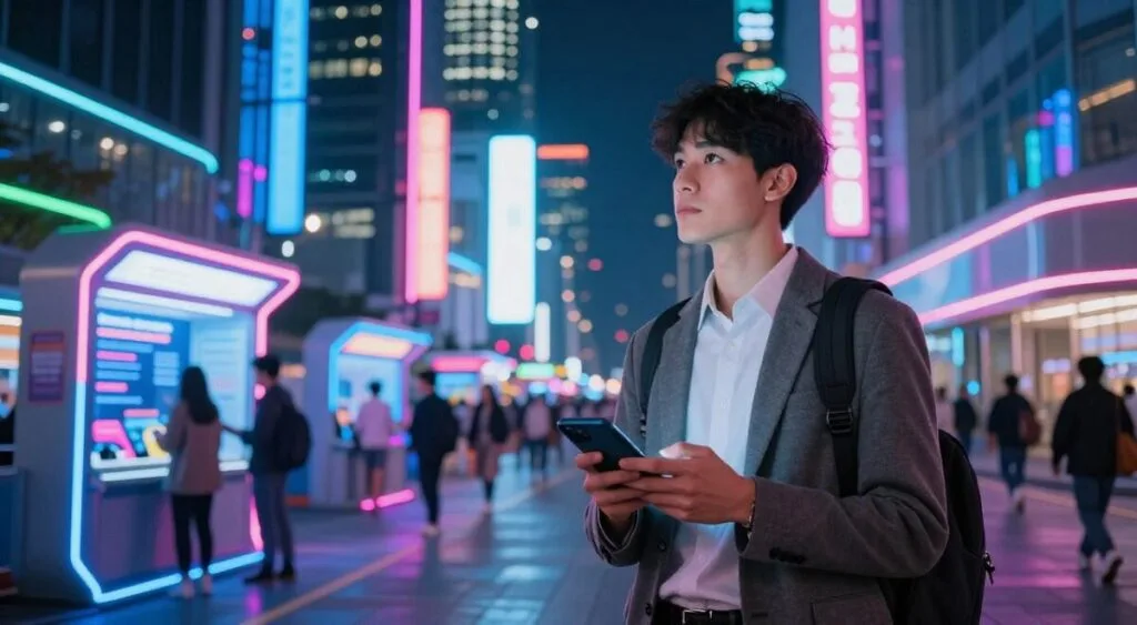 A vibrant, futuristic cityscape at night, illuminated by neon lights in vivid shades of blue, pink, and green. In the foreground, a professional-looking young adult dressed in casual business attire, holding a smartphone, gazes thoughtfully into the distance, symbolizing the digital banking experience. In the middle ground, a bustling urban street is filled with people interacting with neon-lit kiosks and screens displaying digital banking services, emphasizing innovation and accessibility. The background features sleek, modern skyscrapers adorned with glowing neon signage. The atmosphere is dynamic and inviting, combining a sense of excitement with the promise of financial opportunities. The lighting is bright and colorful, adding a lively and optimistic mood to the scene, with a focus on depth and clarity.