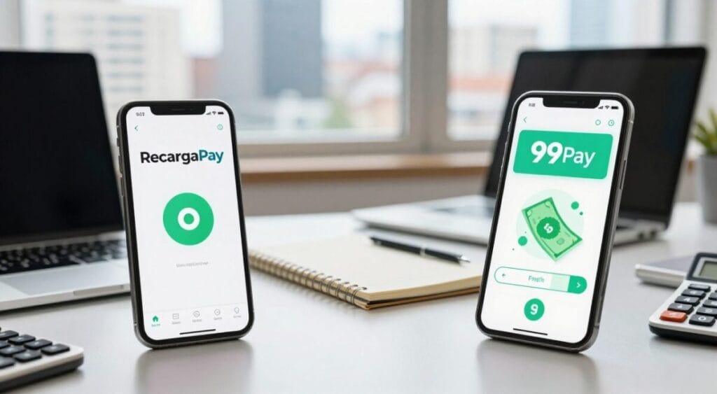 A visually engaging composition showcasing a split-screen comparison of two mobile applications, RecargaPay and 99Pay, prominently featured on smartphone screens. In the foreground, depict sleek, modern smartphones displaying vibrant app interfaces with cashback icons and graphic representations of bills. The middle layer features a stylized workspace, including a clean desk with a laptop, notepad, and a calculator, creating a sense of professionalism. The background should include a subtle blurred cityscape through a window, capturing the essence of urban life. The lighting is bright and inviting, casting soft reflections on the devices, conveying a sense of clarity and optimism. The mood is focused and analytical, reflecting the theme of evaluating cashback options in a modern financial context, evoking a sense of productivity and strategic decision-making. RecargaPay
