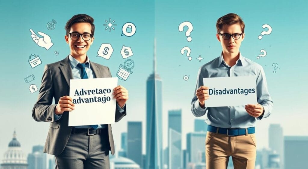 A visually engaging infographic depicting the advantages and disadvantages of "crédito consignado" (payroll loans). In the foreground, create a dynamic split-screen with one side showcasing the benefits: a happy business professional in smart attire, holding a document labeled "Advantages," surrounded by symbols like a thumbs-up, savings, and security. On the opposite side, illustrate the drawbacks: a concerned person in casual, yet professional clothing, holding a document stating "Disadvantages," with symbols like a question mark, debt, and caution signs. In the middle ground, subtle outlines of a modern city skyline can be seen, representing economic context. Use bright, optimistic lighting on the advantages side and a slightly dimmer, more serious tone on the disadvantages side. The overall atmosphere should be informative and balanced, emphasizing the dual nature of the topic. No text overlays or watermarks. Crédito Consignado Vale a Pena