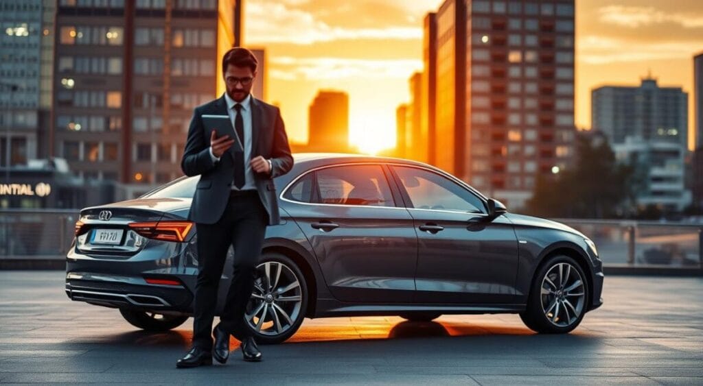 A visually striking scene showcasing a modern car parked prominently in a well-lit urban environment, symbolizing long-term car rental. In the foreground, the car—sleek and polished—exudes a sense of reliability and style. In the middle ground, a blurred outline of a professional person clad in smart business attire reviews a tablet, examining vehicle details and rental options. The background features a vibrant cityscape at sunset, with warm golden hues illuminating the buildings and casting soft shadows. The composition should convey a mood of professionalism and practicality, with natural lighting enhancing details and textures, while the angle captures both the car and the concerned individual in an engaging, dynamic perspective. Alugar Carro por Assinatura