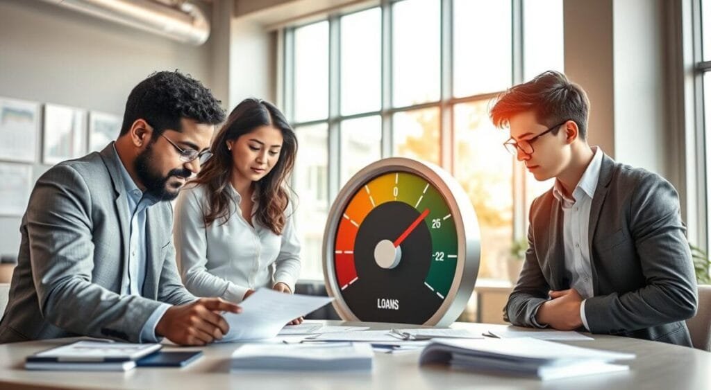 An informative scene depicting the significance of loans in credit scoring. In the foreground, a diverse group of three individuals in professional attire (a man in a suit, a woman in business casual, and a young adult in smart casual) are analyzing documents on a table, with expressions of concentration. In the middle ground, a large credit score gauge is displayed prominently, its needle pointing to a high score, symbolizing the positive impact of loans. The background features a modern office setting with large windows letting in natural light, creating a bright, hopeful atmosphere. Use soft lighting to enhance the professional mood. Include elements like charts and graphs on walls to suggest analysis and data-driven decisions, emphasizing the importance of loans in improving credit scores.