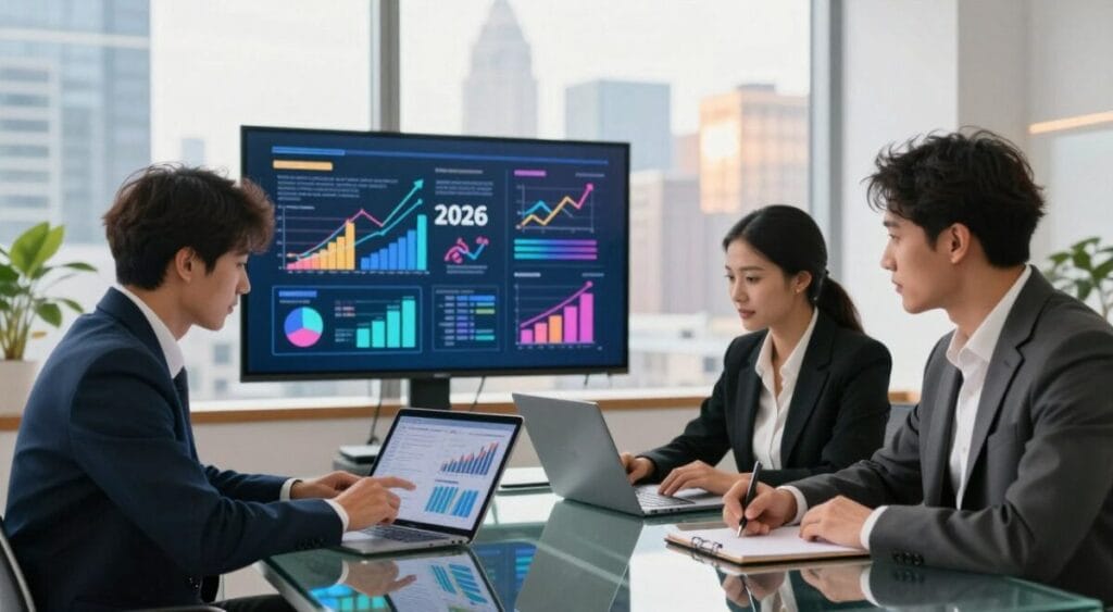 A bright, modern office environment that conveys professionalism and financial success. In the foreground, a diverse group of three business professionals in smart attire—one man reviewing investment charts on a tablet, a woman analyzing graphs on a laptop, and a second man writing notes on a notepad—collaborate around a sleek glass table. The middle ground features a large screen displaying colorful infographics about profitable investment options in 2026, with vibrant graphs and trending icons. In the background, large windows reveal a bustling city skyline bathed in warm, natural light, creating an optimistic atmosphere that suggests growth and opportunity. The overall mood is dynamic and focused, reflecting a strategic approach to maximizing earnings. Poupança ainda vale a pena