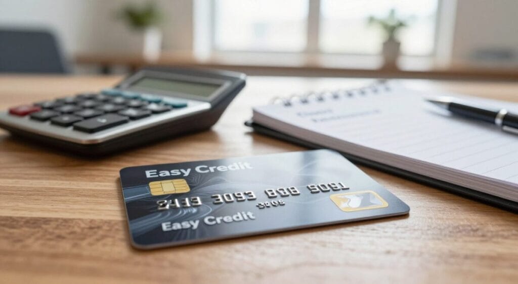 A close-up view of a sleek, modern credit card labeled "Easy Credit" resting on a polished wooden table, symbolizing financial empowerment. In the foreground, the card is prominently displayed, showcasing its shiny surface with subtle reflections. In the middle ground, a set of responsible financial tools, like a calculator and a notepad with personal finance notes, suggests careful budgeting. The background features a softly blurred image of a warm, inviting office space with natural light streaming through a window, creating a positive and professional atmosphere. The mood is empowering and hopeful, encouraging responsible usage of credit cards, conveying a sense of ease and accessibility in financial management. Cartão Com Score Abaixo