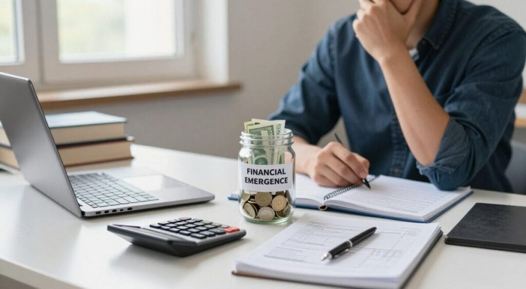 A contemplative individual sitting at a desk in a well-lit room, surrounded by study materials and books on public service examinations. The foreground features a neatly organized study space with a laptop, stationery, and financial planning tools like a calculator and a notebook with budgeting formulas. In the middle ground, a financial emergency fund in the form of a clear jar filled with coins and banknotes symbolizes savings. The background displays a window with soft natural light filtering in, creating an inviting atmosphere. The mood is focused yet hopeful, reflecting the determination of job seekers preparing for exams while managing their finances. Use a wide-angle lens to capture the depth of the scene, emphasizing the balance between study and financial preparedness. Estudar Para Concurso