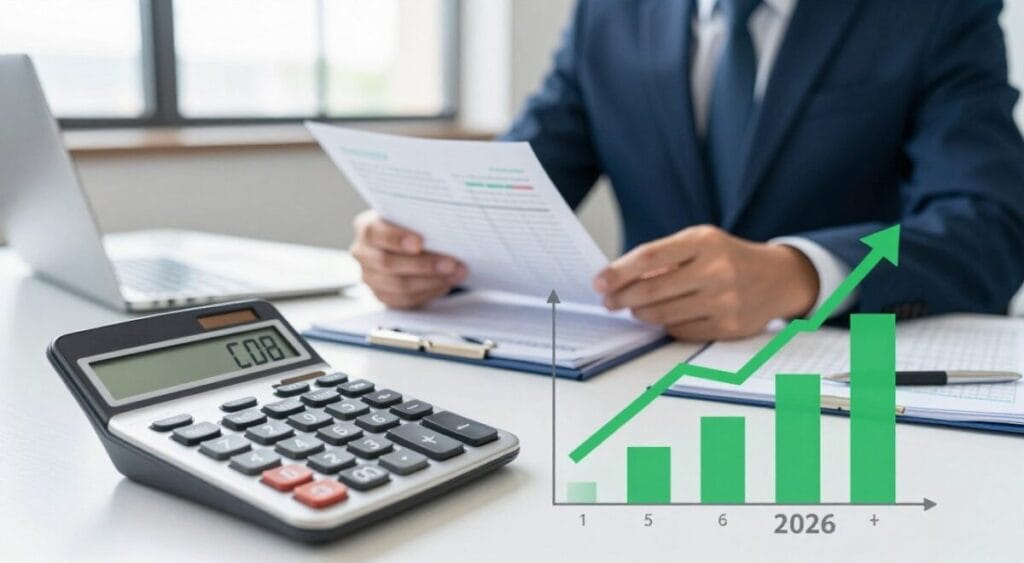 A detailed and informative illustration of the benefits of CDB savings in 2026, showcasing various financial elements. In the foreground, a sleek, modern calculator and graphs displaying an upward trend in interest rates, representing CDB profitability compared to traditional savings. In the middle ground, a professional business person in smart attire analyzes bank statements and financial documents, embodying the informed investor. The background features a blurred office environment with large windows allowing natural light to illuminate the space, creating a bright and optimistic atmosphere. Include a color palette of green for growth and blue for reliability, with soft lighting to enhance the feel of professionalism and clarity, emphasizing financial security. Poupança vs CDB