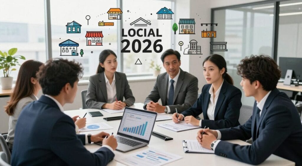 A detailed and informative image depicting the relationship between savings accounts and local economies in 2026. In the foreground, a diverse group of individuals in professional business attire are engaged in a conversation around a table filled with financial documents and a laptop showing graphs. In the middle ground, various icons representing local businesses, such as shops and services, are subtly blended into the background to symbolize economic activity. The setting is an office or co-working space with modern decor and large windows allowing natural light to flood in, creating a bright and optimistic atmosphere. The mood is focused and collaborative, illustrating the importance of savings in shaping local economies. The angle is slightly above eye level, giving an overview of the interaction while emphasizing the financial theme. Poupança ainda vale a pena em 2026