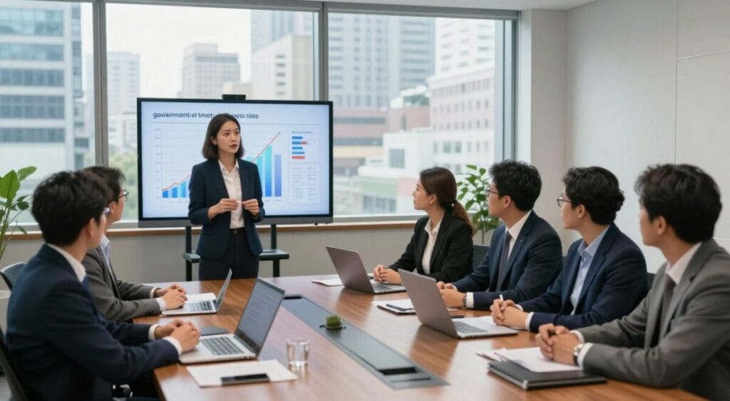 A dynamic office setting illustrating the role of government during times of high interest rates, with a diverse group of professionals engaged in discussion around a large conference table. In the foreground, a confident female economist presents data on a digital screen, surrounded by attentive colleagues in professional attire. The middle ground features charts and graphs depicting high Selic rates, while the background includes large windows showing a bustling cityscape, representing economic activity. Soft, natural lighting from the windows enhances the atmosphere, creating a sense of urgency and determination. The overall mood is focused and collaborative, symbolizing the government's proactive approach to navigating economic challenges. Selic em 14,50%