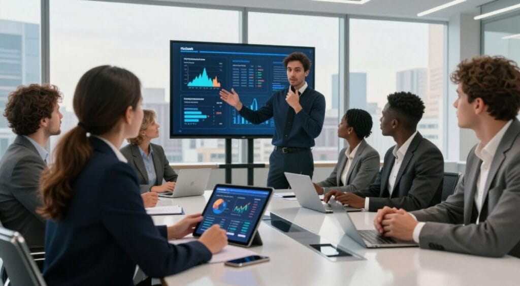 A futuristic bank office scene set in 2026, highlighting a diverse group of professionals gathered around a sleek, modern conference table. In the foreground, a focused woman in business attire examines a digital tablet displaying financial metrics, symbolizing the implications of Nubank for individuals with negative credit. In the middle, a thoughtful man gestures animatedly while presenting a series of infographics on a large screen behind him. The background features large windows with a city skyline, bathed in warm, natural light that creates an optimistic atmosphere. The overall mood conveys a sense of hope and opportunity, with an emphasis on collaboration and financial empowerment. The composition should have a dynamic angle, emphasizing engagement and discussion among the participants. Nubank Vale a Pena para Negativado