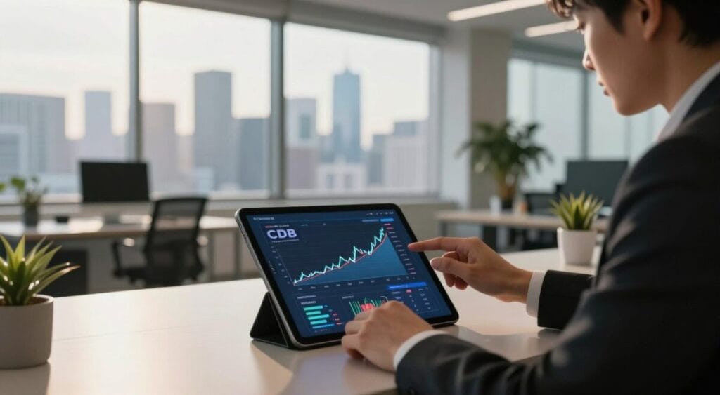 A modern financial workspace with sleek furniture and a large window showcasing a city skyline in the background. In the foreground, a professional in business attire is analyzing digital charts and graphs related to CDB investments on a tablet. The charts display rising trends and liquidity indicators, symbolizing the connection between the Selic rate and CDB profitability. Soft natural light filters through the window, casting a warm glow on the desk. The atmosphere is focused and strategic, emphasizing the importance of informed financial decisions. A potted plant adds a touch of greenery to the setting, enhancing the contemporary design. CDB Liquidez Diária