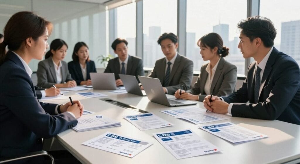 A modern office setting with a sleek conference table in the foreground, showcasing a variety of CDB pamphlets and documents with logos of different banks. In the middle ground, a diverse group of professional individuals in business attire discussing details over a laptop, highlighting collaboration and financial insights. The background reveals a large window with a city skyline, bathed in warm afternoon sunlight that creates a sense of optimism and opportunity. Soft shadows play across the scene, enhancing depth. The atmosphere is serious yet inviting, suggesting a focus on financial growth and investment potential in 2026. The image should be well-lit with a slight depth of field, emphasizing the people and the CDB materials while softly blurring the background. CDB Liquidez Diária Para Reserva
