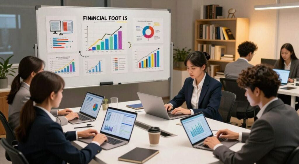 A modern workspace focusing on financial education tools. In the foreground, a diverse group of professionals in smart business attire are engaged with digital devices like tablets and laptops, analyzing graphs and data. The middle layer features a large whiteboard filled with colorful charts, financial tips, and illustrations of financial tools such as budgets and investment plans. In the background, a cozy office setting with shelves lined with books on finance and self-improvement. The lighting is warm and inviting, emphasizing a collaborative atmosphere. The angle is slightly elevated, providing an overview of the workspace. The overall mood is inspiring and focused, reflecting the importance of financial education in achieving personal financial goals. Cartão Com Score Abaixo de 400