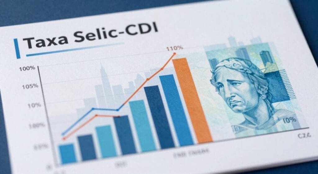 A professional financial graph illustrating the differences between Taxa Selic and CDI rates, prominently displayed in the foreground with clear lines and contrasting colors. In the middle ground, include stylized bar graphs and line charts, depicting various interest rates like 100%, 105%, and 110% in Brazilian Reais, with a smooth gradient background symbolizing a dynamic financial environment. The background features an abstract representation of a city skyline, hinting at economic growth. Use soft lighting to create a professional and analytical atmosphere, with a slight top-down angle for a clear view of the data. Aim for a clean, modern aesthetic that emphasizes the importance of interest rates in finance, without any text or additional elements. CDI