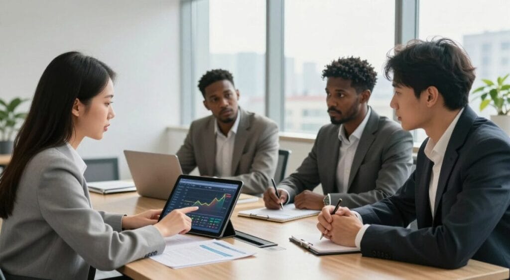 A professional-looking office environment, featuring a diverse group of four individuals engaged in a discussion. In the foreground, an Asian woman in business attire points to a digital tablet displaying financial data; beside her, a Black man in a smart suit listens intently, taking notes. The middle ground showcases a modern conference table with financial documents and a laptop, reflecting a collaborative atmosphere. In the background, large windows reveal a cityscape with a bright, sunny day, suggesting hope and clarity. Soft, natural lighting floods the room, creating a warm and inviting ambiance. The overall mood conveys empowerment and awareness of consumer rights in financial matters. Juros Compostos