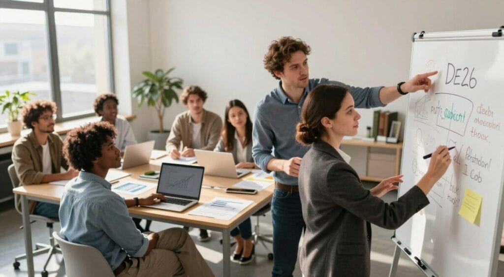 A professional setting depicting a diverse group of individuals brainstorming strategies to generate extra income to pay off debts in 2026. In the foreground, a focused woman in business attire is writing ideas on a whiteboard, while a man in a smart-casual outfit points towards the board, engaging with the group. In the middle, small tables are scattered with laptops, financial documents, and brainstorming materials. The background features a modern office space with large windows allowing warm natural light to flood the room, creating an optimistic atmosphere. Soft shadows enhance the depth of the scene, captured from a slightly elevated angle to emphasize collaboration and innovation in tackling debt. The overall mood is one of hope and determination. Sair das Dívidas