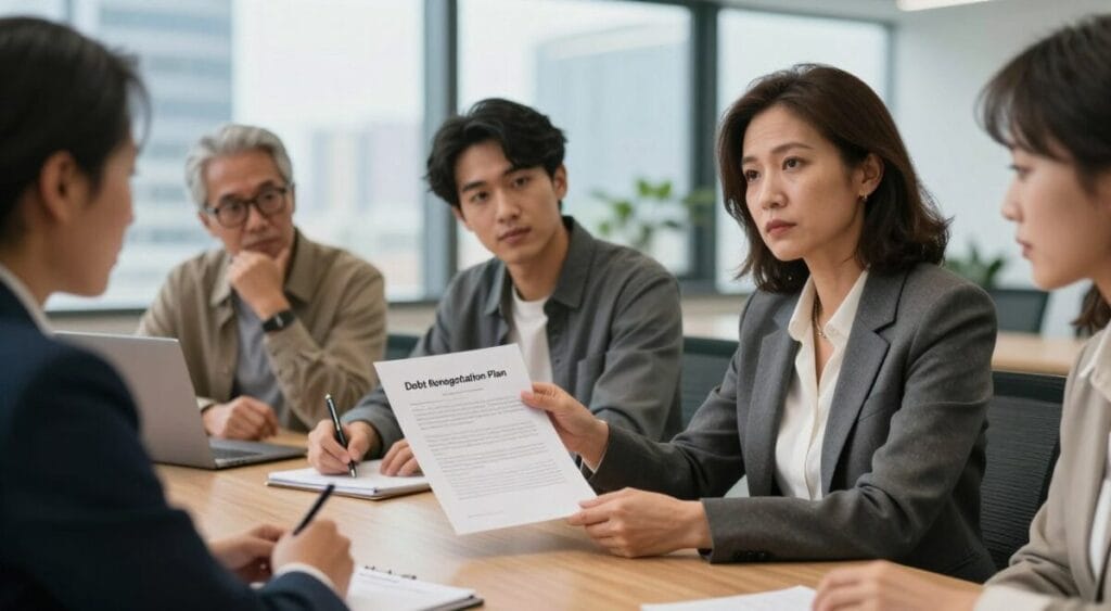A professional setting depicting a diverse group of individuals engaging in a negotiation around a table, emphasizing financial discussions. In the foreground, a middle-aged woman in a tailored suit, looking confident as she presents a document labeled "Debt Renegotiation Plan." In the middle, a young man in business casual attire takes notes, while an older gentleman in glasses listens intently, showing thoughtful expression. The background features a modern office with large windows letting in natural light, highlighting a cityscape view. The atmosphere is tense but hopeful, with warm lighting creating an inviting ambiance. The image should capture the essence of collaboration and strategic negotiation, symbolizing the journey toward improved financial conditions in 2026. Sair das Dívidas em 2026