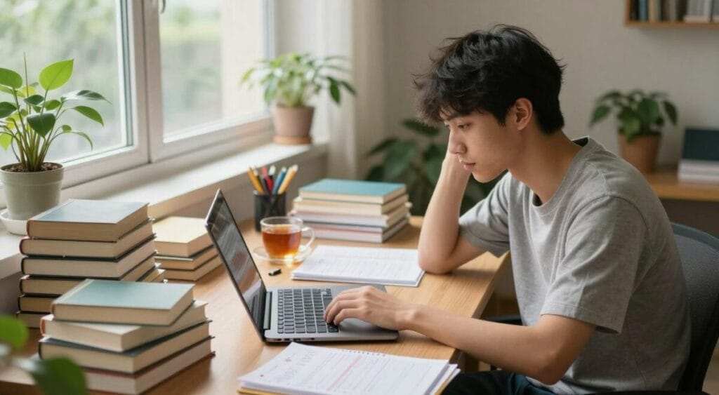 A serene study space is depicted in a softly lit room, emphasizing a dedicated student’s journey towards academic success without income. In the foreground, a young adult in modest casual clothing is surrounded by neatly stacked textbooks and a laptop, focused on their studies with a thoughtful expression. In the middle, an organized desk features study materials, a planner with budgeting notes, and a cup of tea, symbolizing concentration and planning. The background shows a large window with natural light streaming in, illuminating green plants, representing hope and growth. The atmosphere is calm and inspiring, evoking a sense of determination and resilience. The angle captures the entire scene in warm tones, highlighting the pursuit of knowledge. Estudar Para Concurso Sem Trabalhar