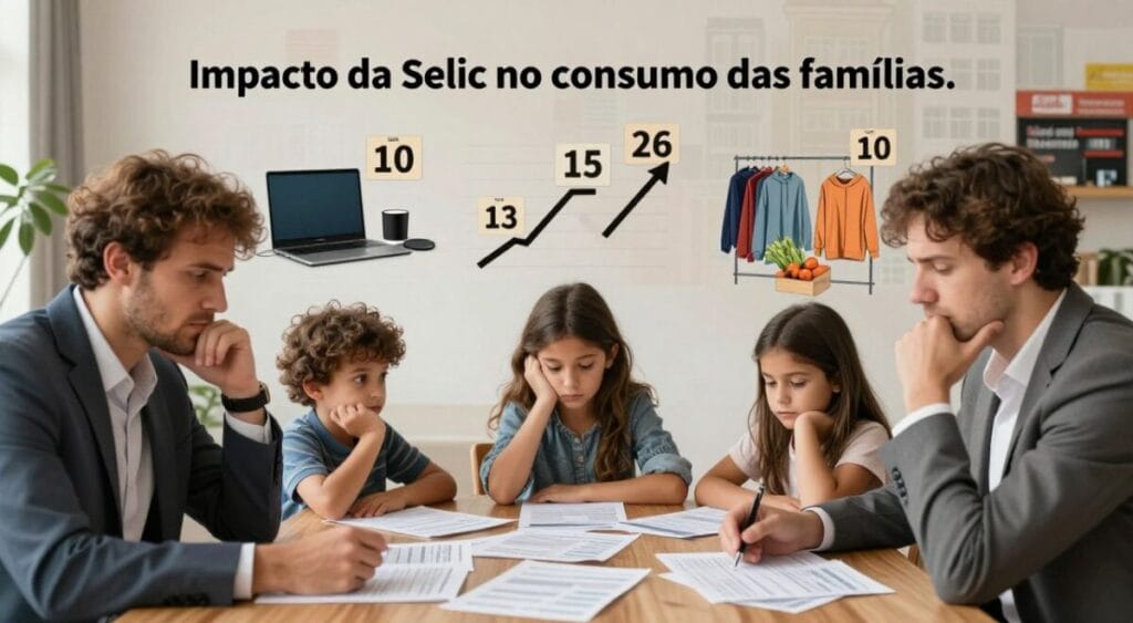 A symbolic and informative representation of "Impacto da Selic no consumo das famílias." In the foreground, depict a family sitting around a dining table with bills and financial documents, appearing thoughtful and slightly worried, wearing professional business attire. In the middle, illustrate various consumer goods like electronics, groceries, and clothing, with price tags showing rising numbers and arrows indicating financial trends. In the background, a cityscape with shops and advertisements represents local businesses feeling the effects of the Selic. Use natural lighting to create a warm yet serious atmosphere, capturing the tension and concern of families adjusting their spending habits. The composition should evoke introspection and awareness about financial challenges. Selic