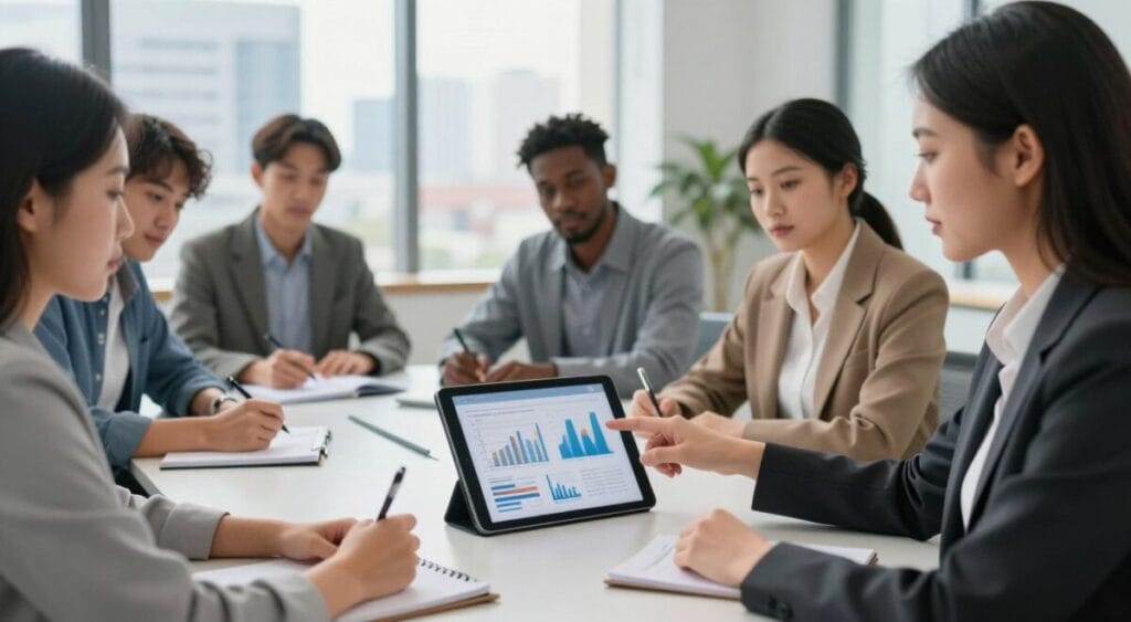 A vibrant, modern office environment featuring a diverse group of young professionals gathered around a sleek table, engaged in a financial education session. In the foreground, a confident woman in professional attire points to a digital tablet displaying graphs and financial data, symbolizing financial literacy. The middle ground includes attentive individuals taking notes, showcasing a mix of ethnicities and genders, each dressed in smart-casual clothing. The background features a large window with natural light flooding in, revealing a city skyline, enhancing the atmosphere of opportunity and growth. The mood is focused and collaborative, reflecting the importance of financial education for individuals with limited credit options, embodying hope and empowerment in their financial journeys. Nubank para Negativado