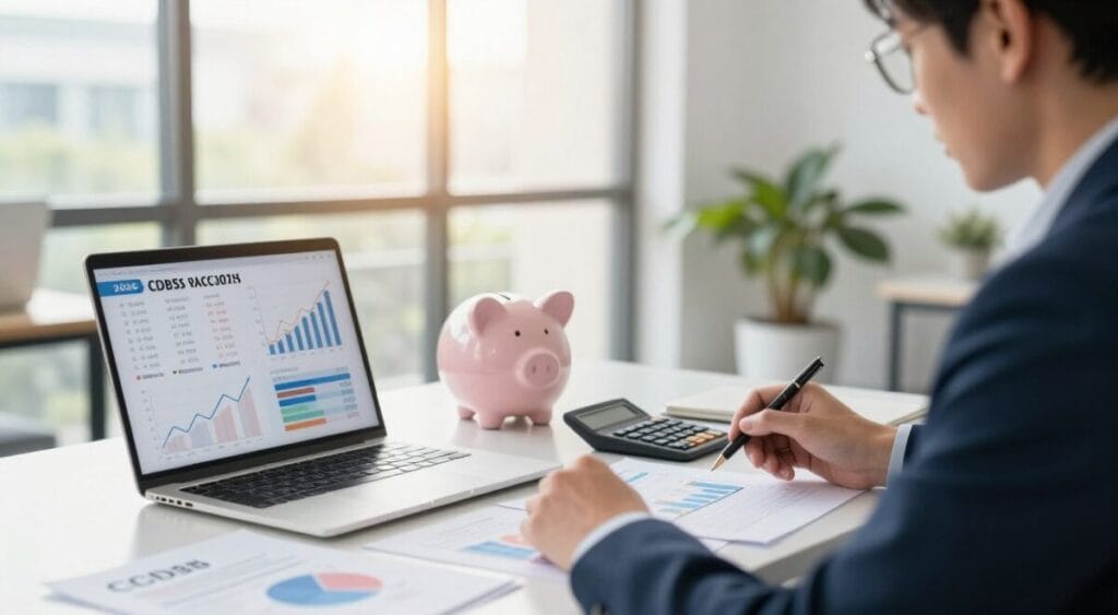 A visually engaging comparison of savings accounts versus CDBs for the year 2026. In the foreground, a professional consultant in business attire is analyzing financial charts and graphs displayed on a laptop, showcasing interest rates and investment growth. In the middle, a table filled with financial documents, a calculator, and a piggy bank representing traditional savings. The background features a modern office setting with large windows letting in warm natural light, creating an optimistic and insightful atmosphere. Use a soft focus for the background to emphasize the consultant's attentive expression, conveying a mood of careful planning and informed decision-making. Include plants subtly to enhance a professional and inviting workspace without any text or branding elements. Poupança vs CDB em 2026