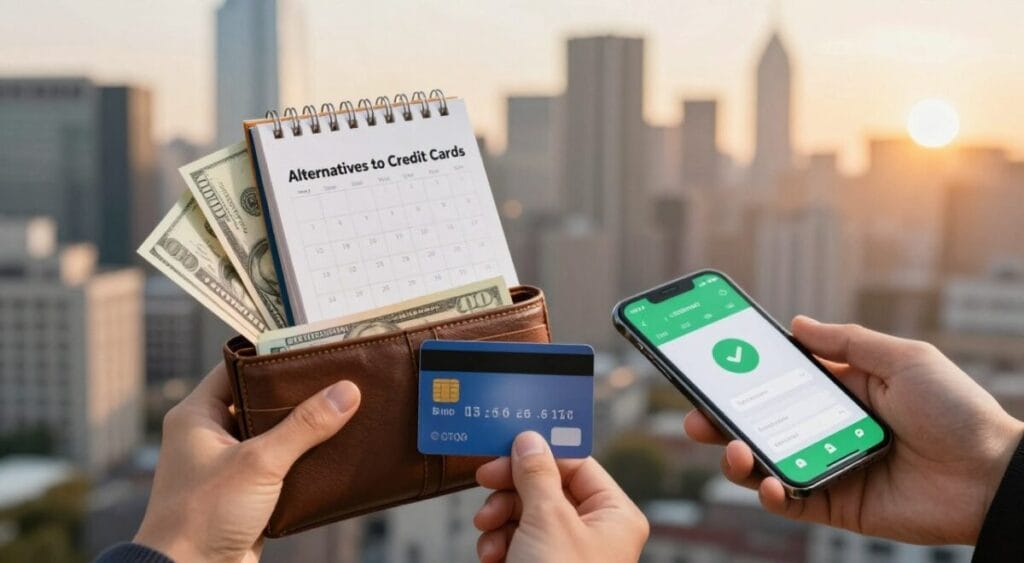 A visually engaging concept illustrating "Alternatives to Credit Cards" for a financial article. In the foreground, a close-up of hands holding various financial alternatives, such as cash, a bank debit card, and a mobile payment app on a smartphone, symbolizing modern payment methods. In the middle, a soft-focus representation of a wallet overflowing with different types of currency and a calendar marked with different savings milestones, emphasizing financial planning. The background features a blurred city skyline, showcasing a bustling urban environment, illuminated by warm golden hour lighting, creating an inviting yet professional atmosphere. The composition should evoke a sense of security, opportunity, and financial empowerment, with the angle slightly tilted upwards to suggest aspiration and progress. No text or branding included. Juros Compostos no Cartão