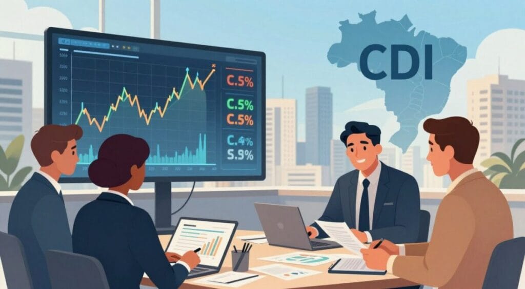 An informative and visually engaging illustration depicting how CDI works in Brazil, focusing on financial concepts. In the foreground, include professionals in business attire discussing charts and graphs, representing collaboration and knowledge sharing. In the middle layer, feature a digital display showing fluctuating CDI rates and interest percentages, with a modern, sleek aesthetic. The background should depict a city skyline, symbolizing Brazil's economic landscape, under a clear blue sky. Use warm, inviting lighting to create a sense of optimism and professionalism. Capture the scene at a moderate angle to provide depth and perspective, creating an atmosphere of learning and finance-focused discussion. The overall mood should be one of clarity and insight into investment strategies related to CDI. CDI em 2026